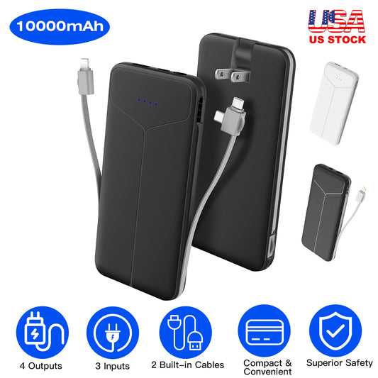10000mAh 3-in-1 Power Bank with Built-in Cables & US Plug – 4 Outputs, 3 Inputs | iPhone & Android