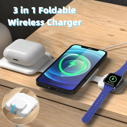 3-in-1 Magnetic Foldable Wireless Charging Station – 15W Fast Charge | Phone, Watch & Earbuds