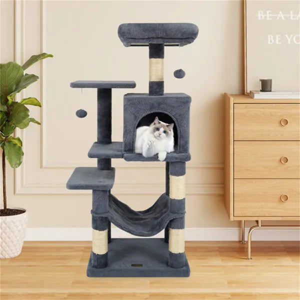 44-Inch Multi-Level Cat Tree with Condo, Hammock & Spacious Top Perch – Indoor Cat Tower (Gray)