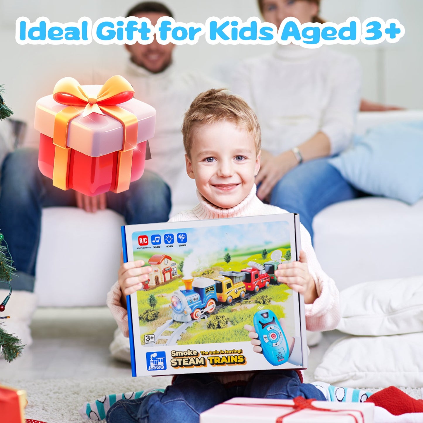 Electric Train Set with Smoke, Light & Sound – Remote Control | Magnetic Trucks | 12-Piece Track | Ages 3+