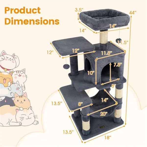 44-Inch Multi-Level Cat Tree with Condo, Hammock & Spacious Top Perch – Indoor Cat Tower (Gray)