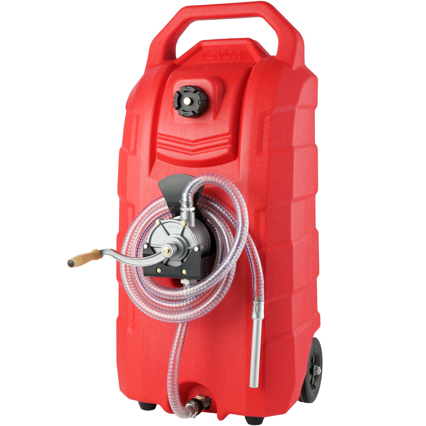 16 Gallon Portable Fuel Caddy – Gas Storage Tank with Hand Pump & Rubber Wheels | Cars, Mowers, Boats