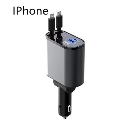 100W Retractable Car Charger – USB & Type-C Fast Charging | Auto-Retract Cable | 60W & 100W