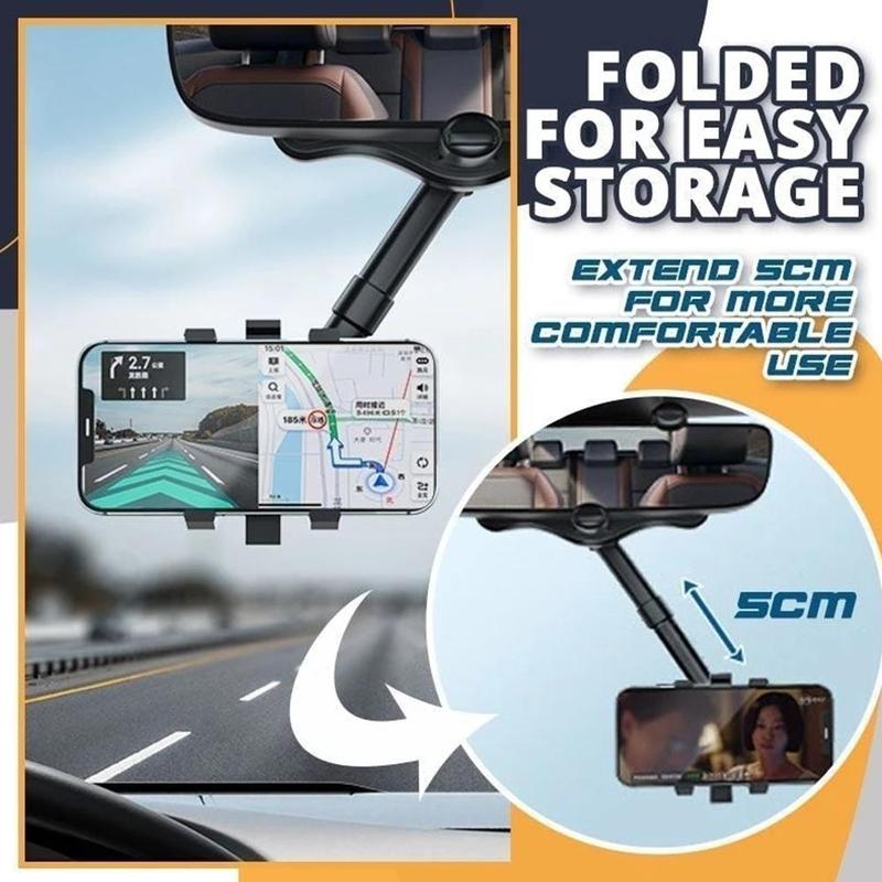 360° Rearview Mirror Car Phone Holder – Rotatable & Retractable | 4-Claw Grip | Universal Fit | No Trace Removal