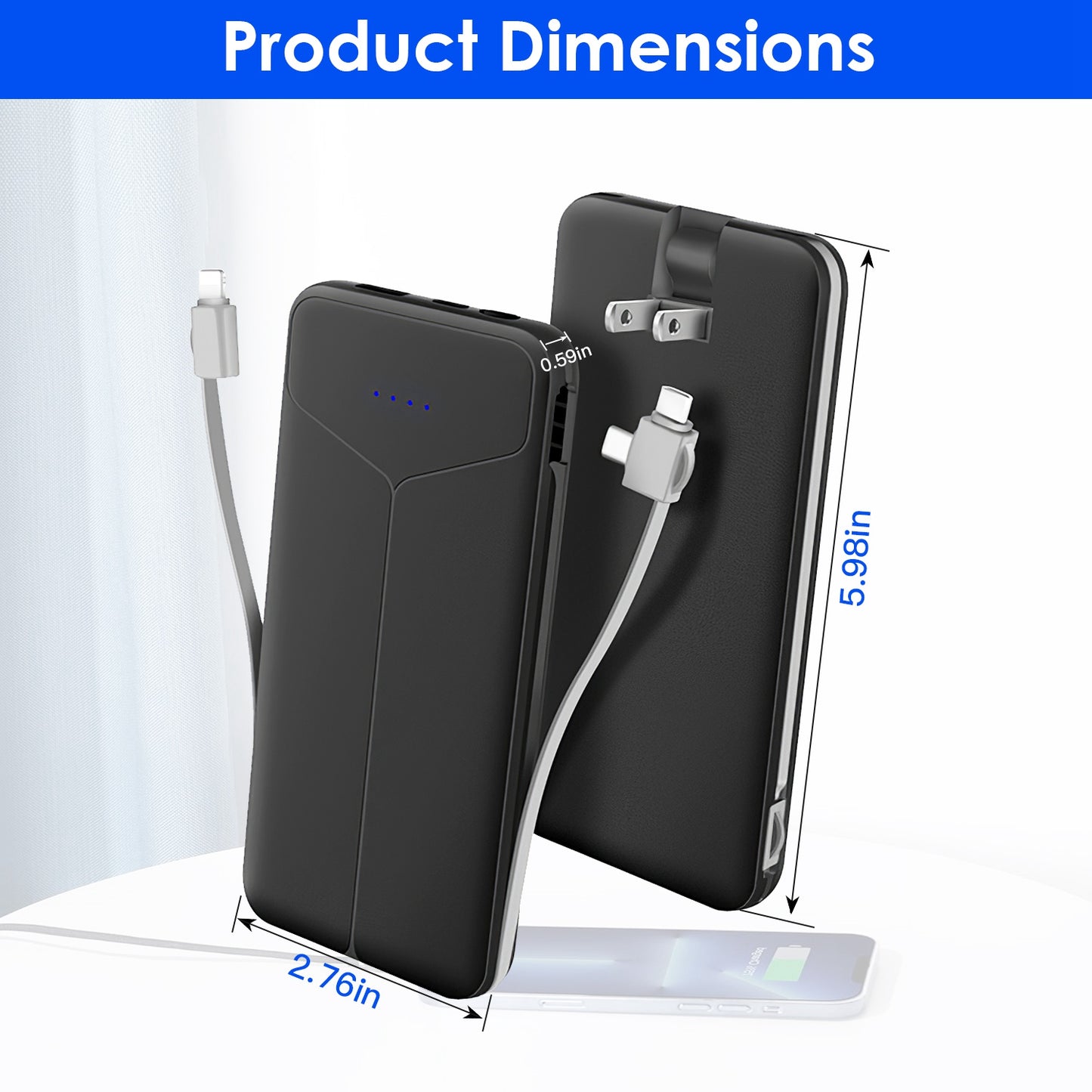 10000mAh 3-in-1 Power Bank with Built-in Cables & US Plug – 4 Outputs, 3 Inputs | iPhone & Android