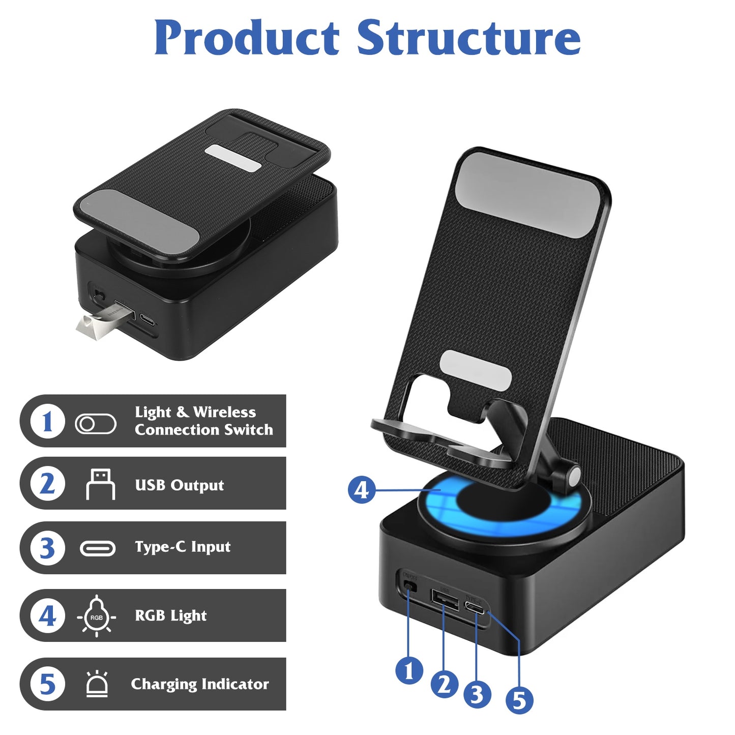 4-in-1 Foldable Wireless Speaker Phone Stand – 5000mAh Power Bank | Bluetooth 5.3 | RGB Light | 360° Rotation