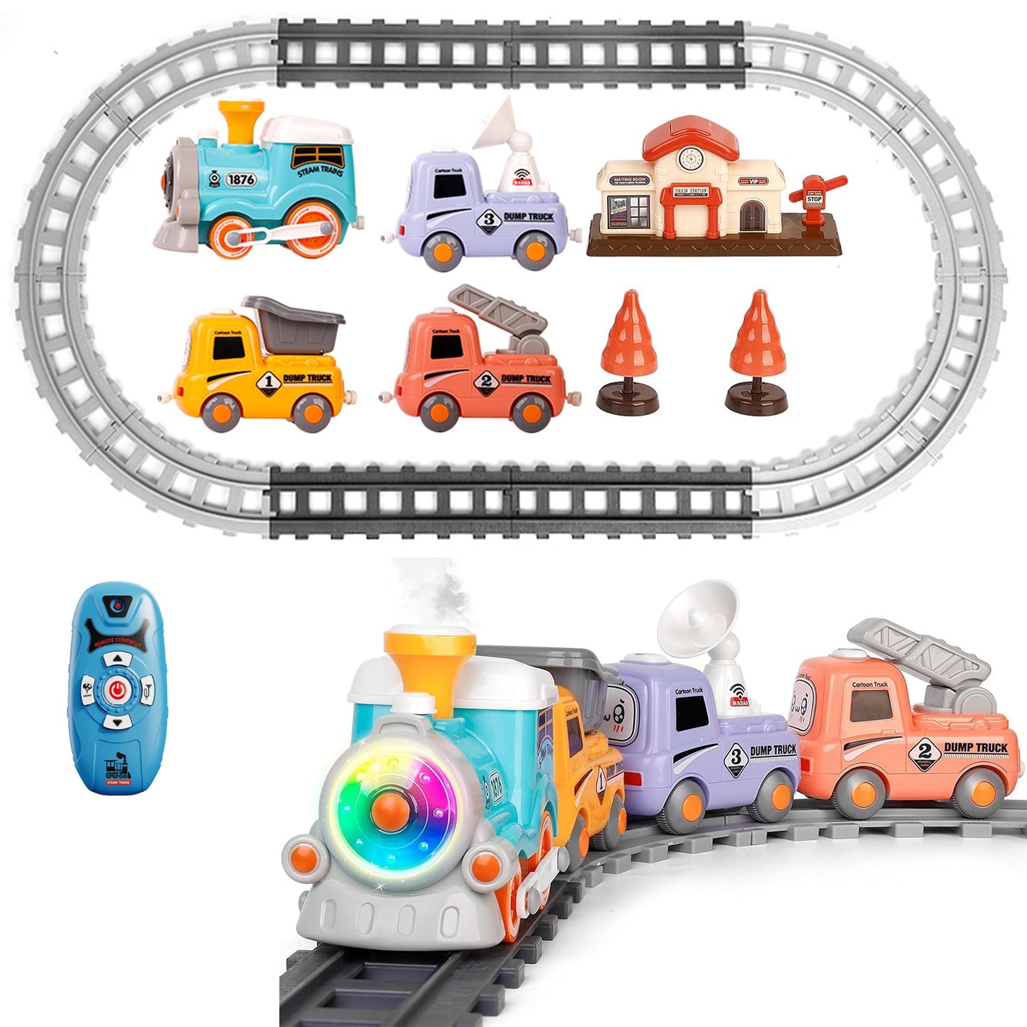 Electric Train Set with Smoke, Light & Sound – Remote Control | Magnetic Trucks | 12-Piece Track | Ages 3+
