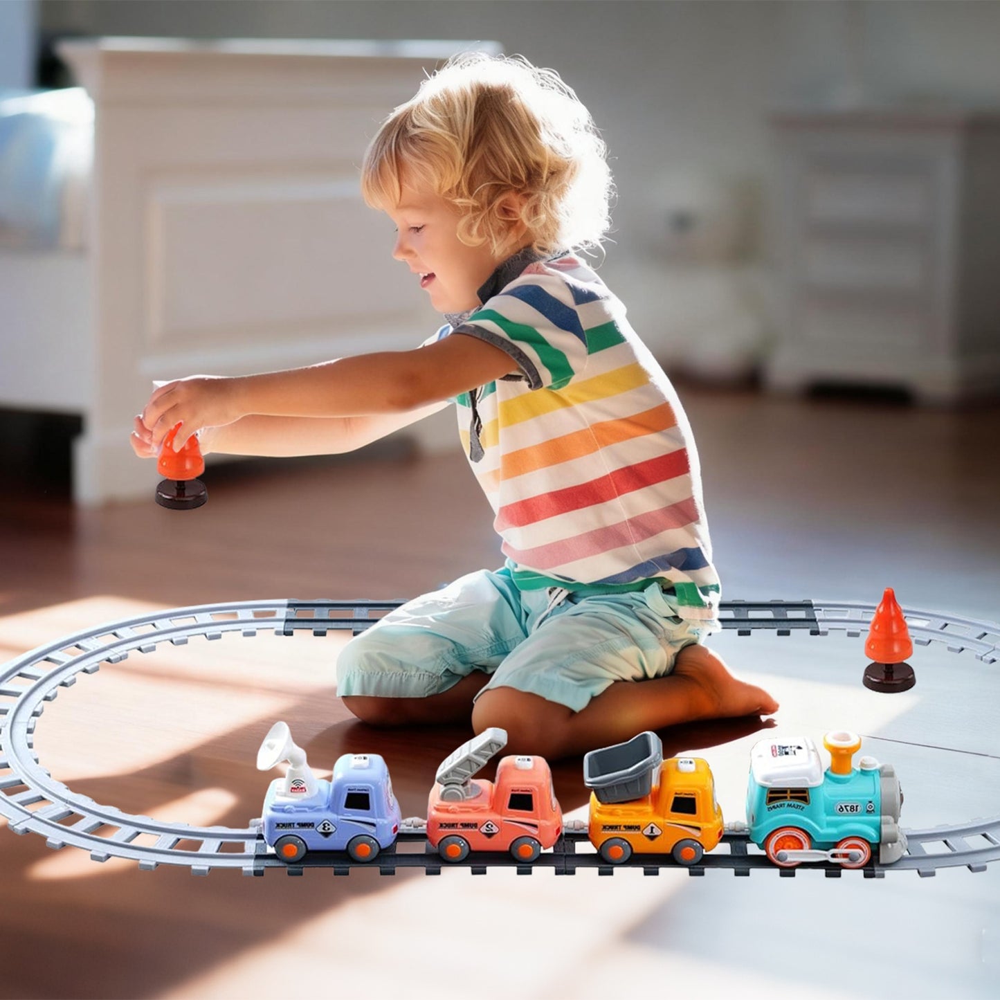 Electric Train Set with Smoke, Light & Sound – Remote Control | Magnetic Trucks | 12-Piece Track | Ages 3+