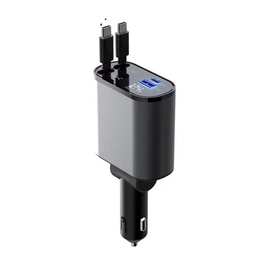 100W Retractable Car Charger – USB & Type-C Fast Charging | Auto-Retract Cable | 60W & 100W