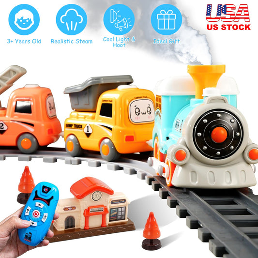Electric Train Set with Smoke, Light & Sound – Remote Control | Magnetic Trucks | 12-Piece Track | Ages 3+