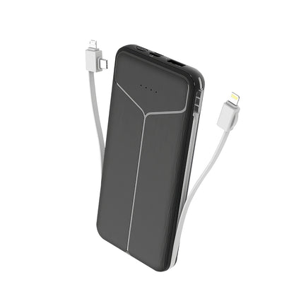 10000mAh 3-in-1 Power Bank with Built-in Cables & US Plug – 4 Outputs, 3 Inputs | iPhone & Android