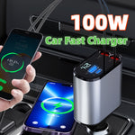 100W Retractable Car Charger – USB & Type-C Fast Charging | Auto-Retract Cable | 60W & 100W