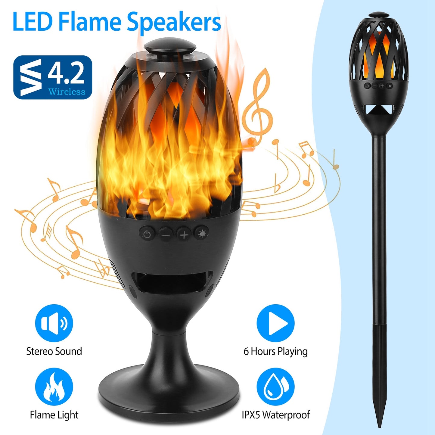 LED Flame Torch Wireless Speaker – 60 LED Realistic Flame | IPX5 Waterproof | 5W Stereo Bass | Outdoor & Camping