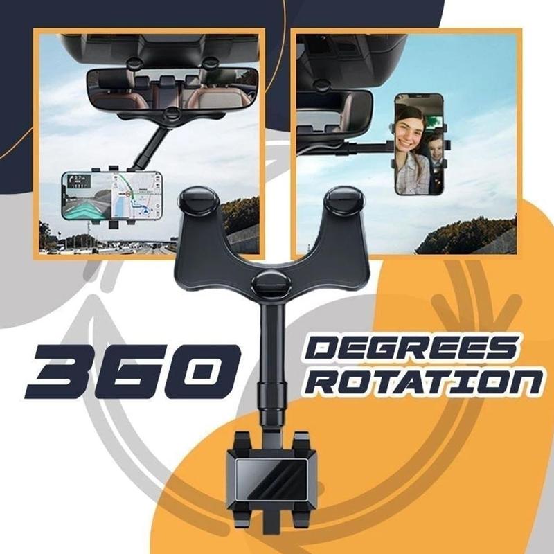 360° Rearview Mirror Car Phone Holder – Rotatable & Retractable | 4-Claw Grip | Universal Fit | No Trace Removal