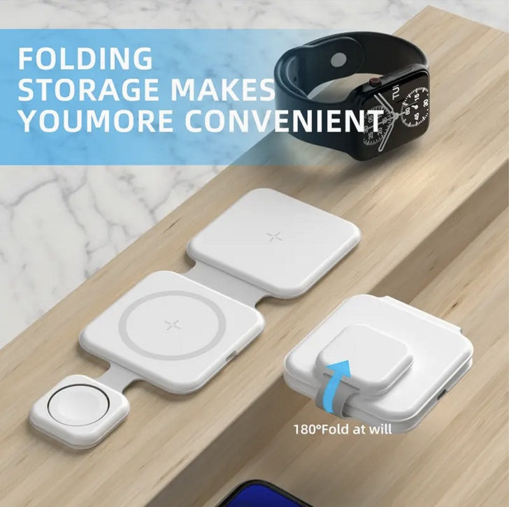 3-in-1 Magnetic Foldable Wireless Charging Station – 15W Fast Charge | Phone, Watch & Earbuds