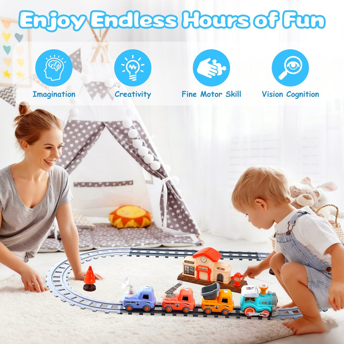 Electric Train Set with Smoke, Light & Sound – Remote Control | Magnetic Trucks | 12-Piece Track | Ages 3+