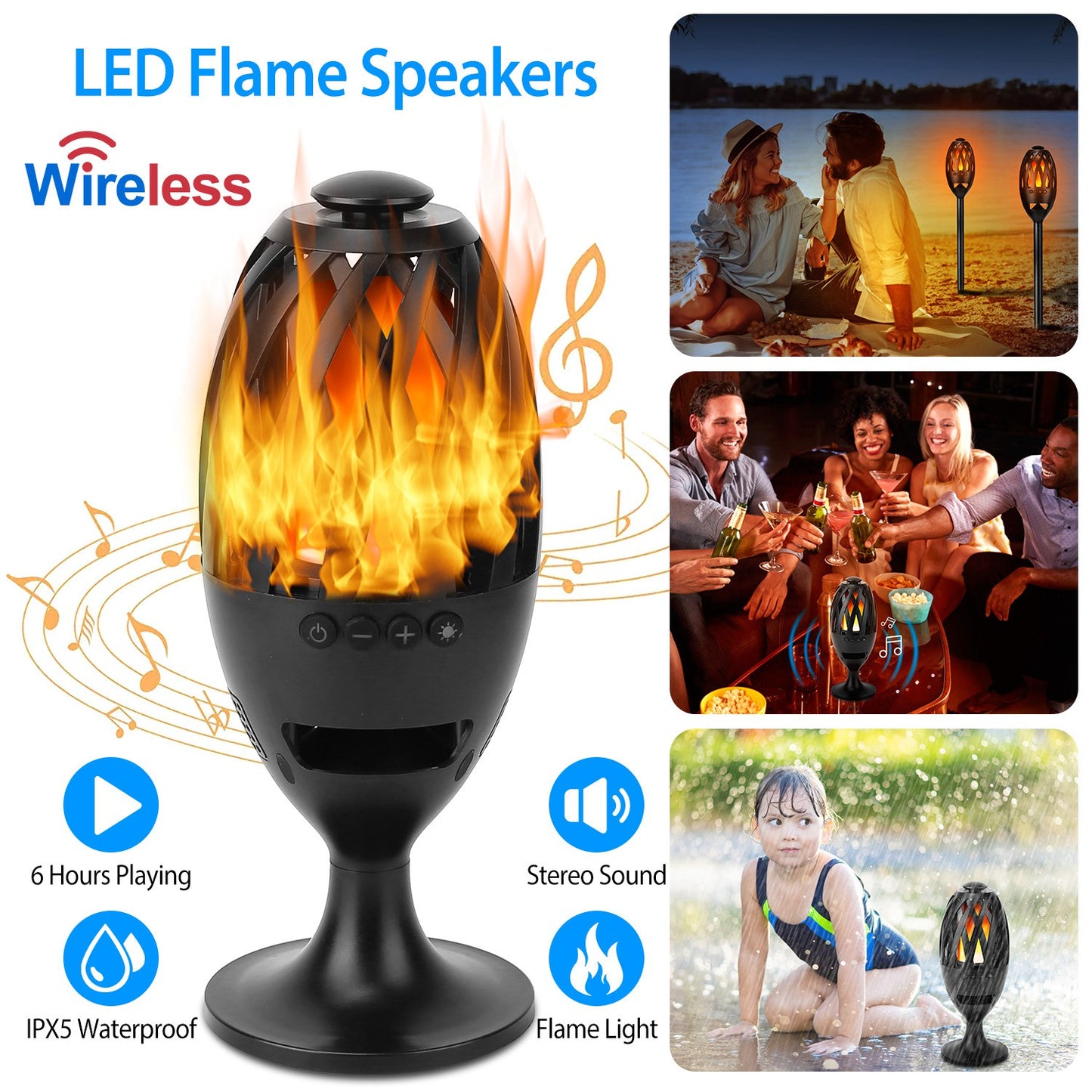 LED Flame Torch Wireless Speaker – 60 LED Realistic Flame | IPX5 Waterproof | 5W Stereo Bass | Outdoor & Camping