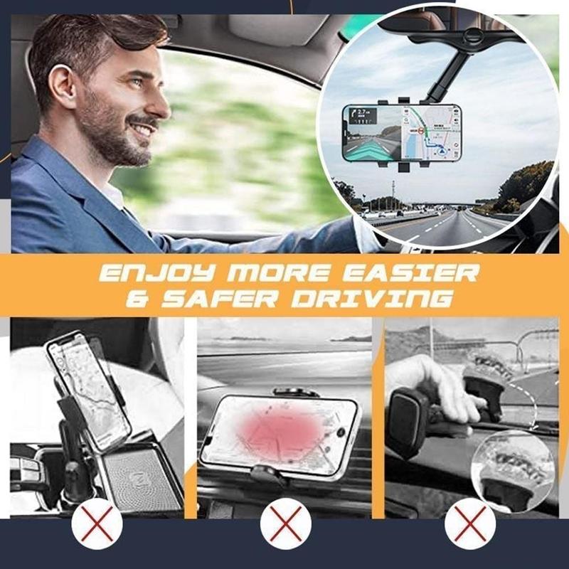 360° Rearview Mirror Car Phone Holder – Rotatable & Retractable | 4-Claw Grip | Universal Fit | No Trace Removal