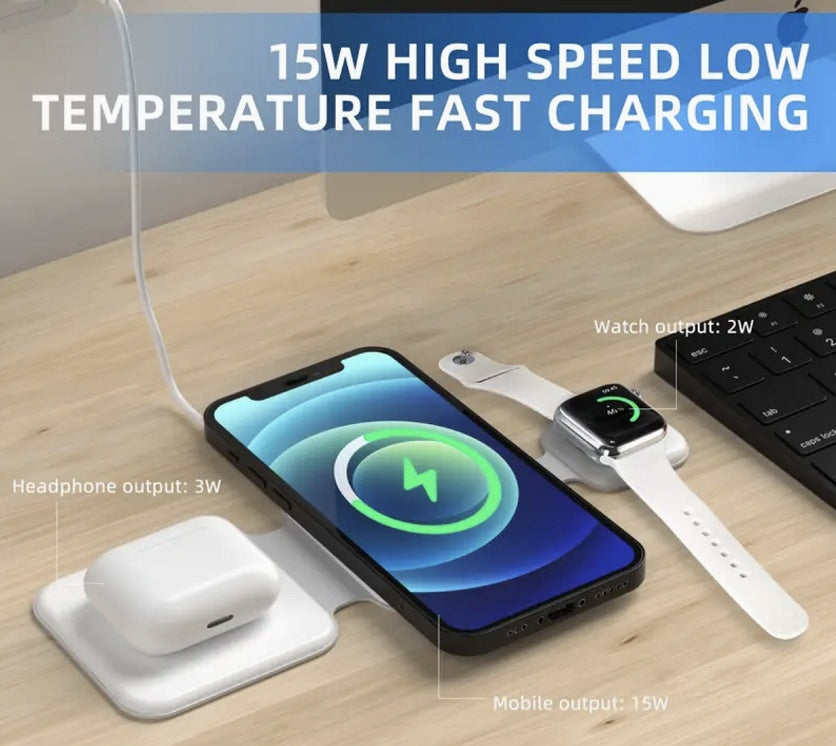 3-in-1 Magnetic Foldable Wireless Charging Station – 15W Fast Charge | Phone, Watch & Earbuds