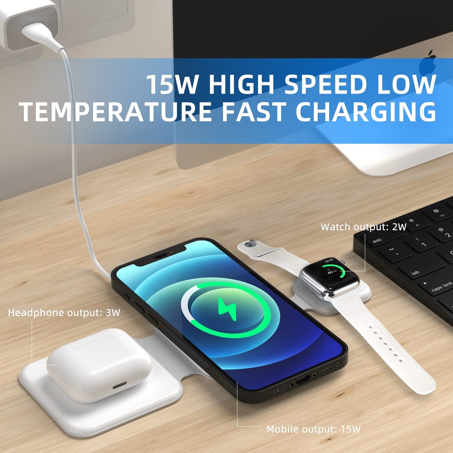 3-in-1 Magnetic Foldable Wireless Charging Station – 15W Fast Charge | Phone, Watch & Earbuds