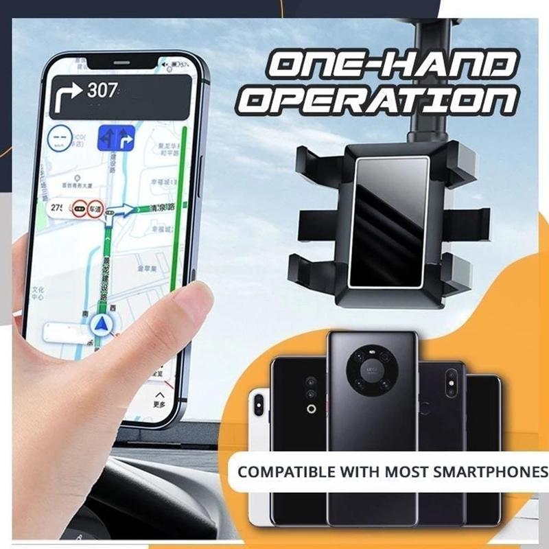 360° Rearview Mirror Car Phone Holder – Rotatable & Retractable | 4-Claw Grip | Universal Fit | No Trace Removal