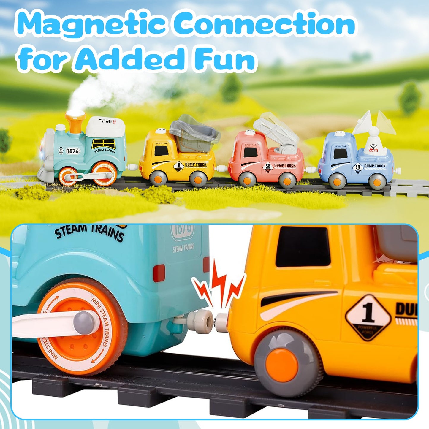 Electric Train Set with Smoke, Light & Sound – Remote Control | Magnetic Trucks | 12-Piece Track | Ages 3+