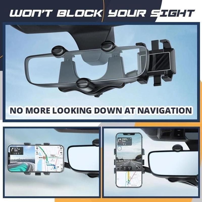 360° Rearview Mirror Car Phone Holder – Rotatable & Retractable | 4-Claw Grip | Universal Fit | No Trace Removal