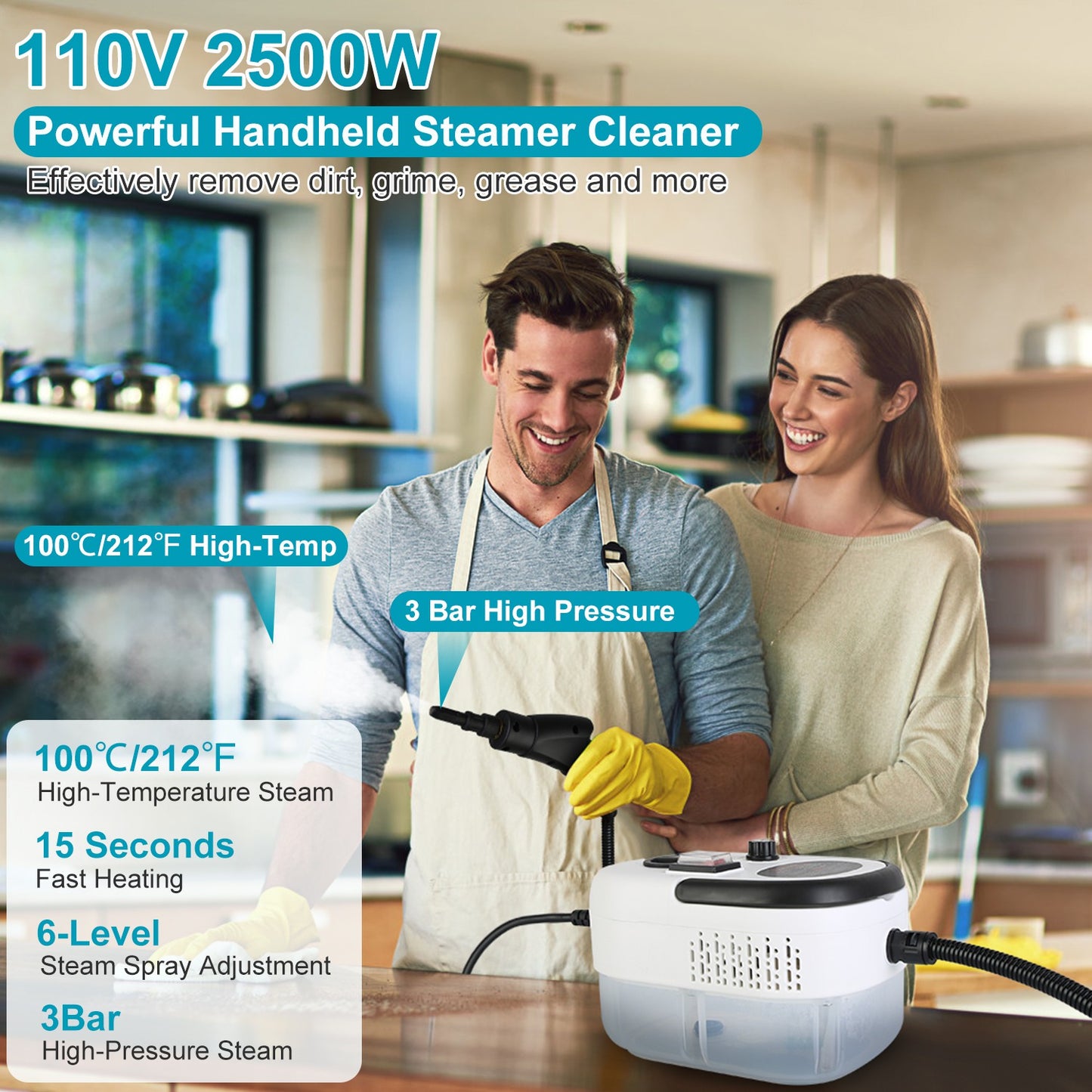 2500W Handheld Steam Cleaner – 6-Speed, 3 Bar Pressure | 9-Piece Kit | Multi-Surface & Car Detailing