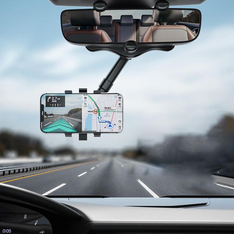 360° Rearview Mirror Car Phone Holder – Rotatable & Retractable | 4-Claw Grip | Universal Fit | No Trace Removal