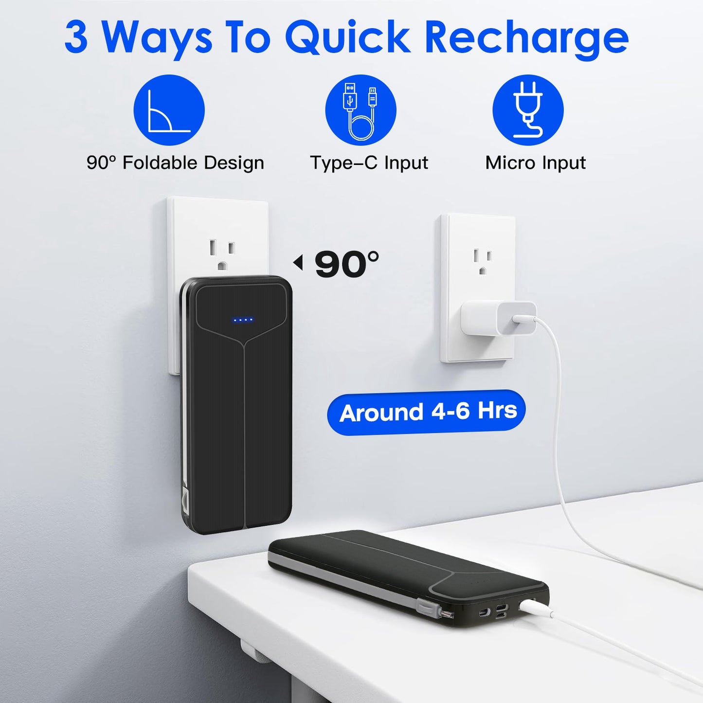 10000mAh 3-in-1 Power Bank with Built-in Cables & US Plug – 4 Outputs, 3 Inputs | iPhone & Android