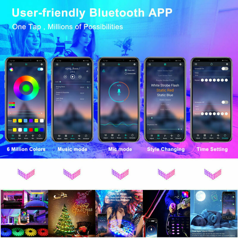 RGB LED Strip Lights 5050 with Bluetooth App & Remote Control – Music Sync | 5–20M