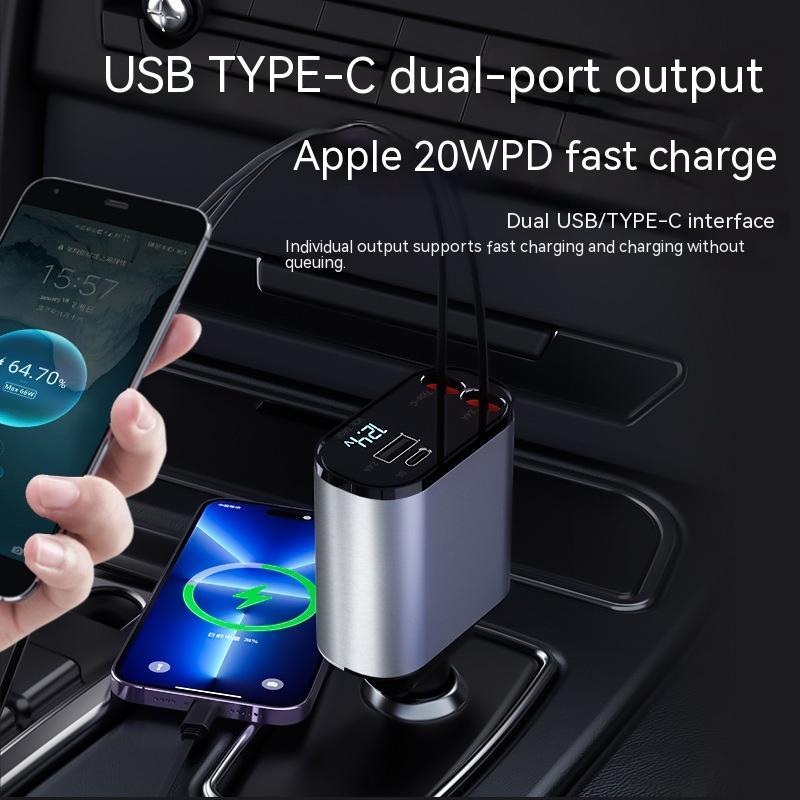 100W Retractable Car Charger – USB & Type-C Fast Charging | Auto-Retract Cable | 60W & 100W