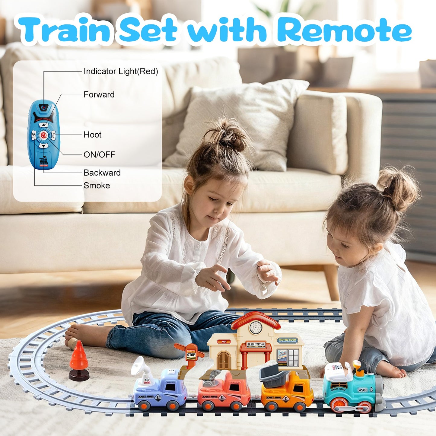 Electric Train Set with Smoke, Light & Sound – Remote Control | Magnetic Trucks | 12-Piece Track | Ages 3+