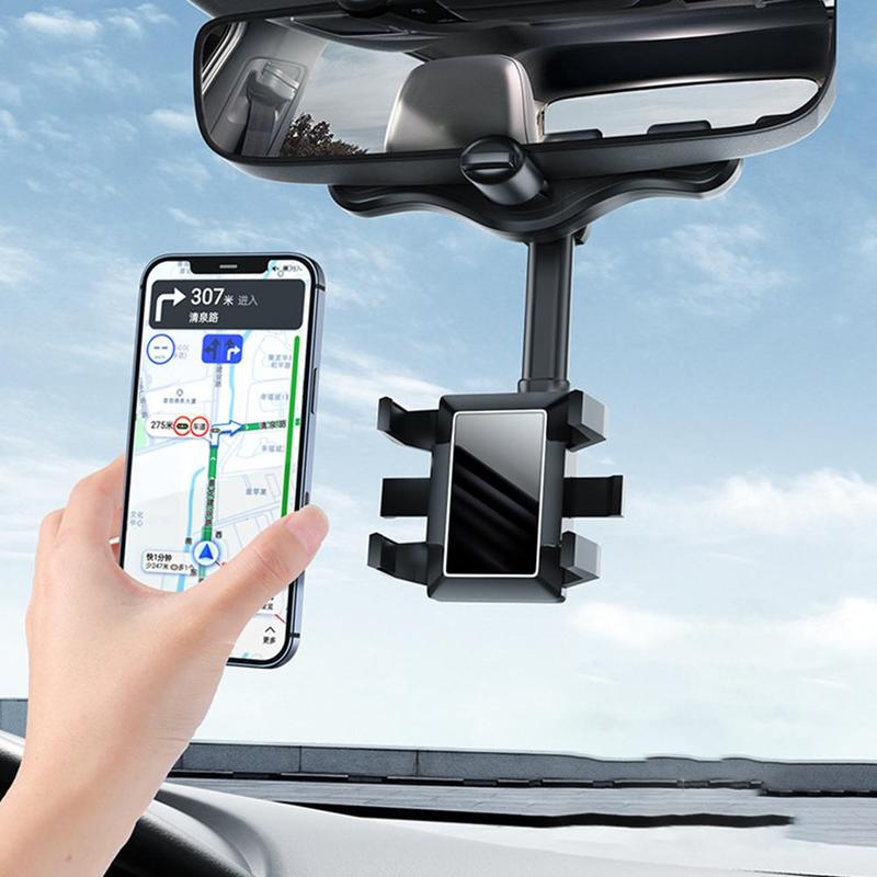 360° Rearview Mirror Car Phone Holder – Rotatable & Retractable | 4-Claw Grip | Universal Fit | No Trace Removal