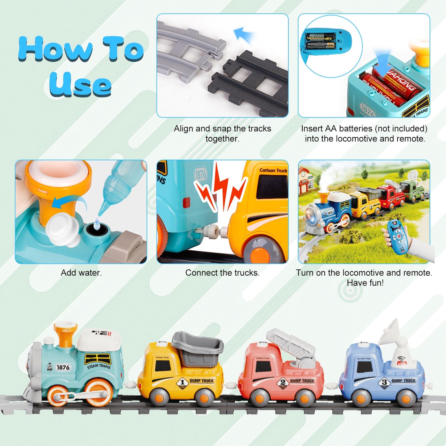 Electric Train Set with Smoke, Light & Sound – Remote Control | Magnetic Trucks | 12-Piece Track | Ages 3+